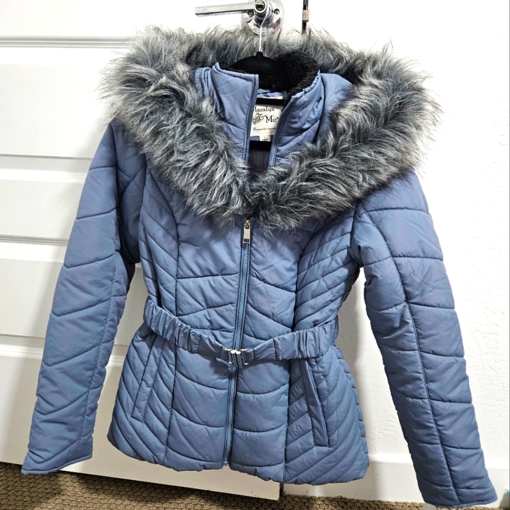 Coat with faux fur hood